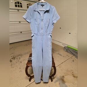Haute Monde Light Blue Denim Short-Sleeve Zip Front Jumpsuit